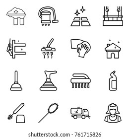 Thin line icon set : factory filter, vacuum cleaner, clean floor, skysrcapers cleaning, skyscrapers, wiping, house, plunger, brush, toilet cleanser, duster, home call