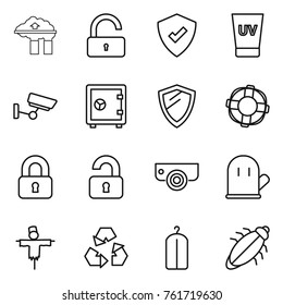 Thin line icon set : factory filter, unlock, protected, uv cream, surveillance, safe, shield, lifebuoy, locked, unlocked, camera, cook glove, scarecrow, recycling, dry wash, bug