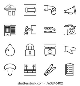 Thin line icon set : factory filter, nano tube, hand coin, loudspeaker, houses, courier delivery, train, camera, drop, locked, kitchen scales, cook glove, mushroom, skysrcapers cleaning, clothespin