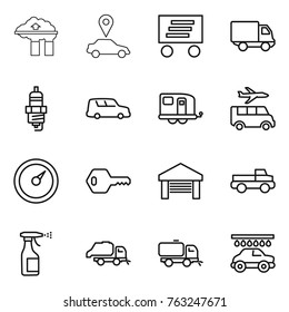 Thin line icon set : factory filter, car pointer, delivery, spark plug, shipping, trailer, transfer, barometer, key, garage, pickup, sprayer, trash truck, sweeper, wash