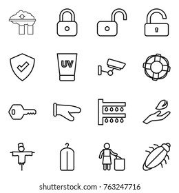 Thin line icon set : factory filter, lock, unlock, protected, uv cream, surveillance, lifebuoy, key, cook glove, watering, hand leaf, scarecrow, dry wash, garbage bin, bug