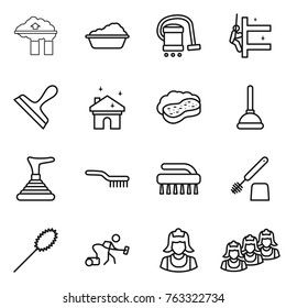 Thin line icon set : factory filter, washing, vacuum cleaner, skyscrapers cleaning, scraper, house, sponge with foam, plunger, brush, toilet, duster, outsource