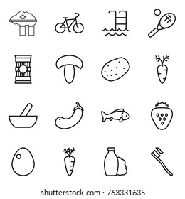 Thin line icon set : factory filter, bike, pool, tennis, pasta, mushroom, potato, carrot, mortar, eggplant, fish, strawberry, egg, shampoo, tooth brush