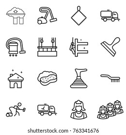 Thin line icon set : factory filter, vacuum cleaner, rag, sweeper, skysrcapers cleaning, skyscrapers, scraper, house, sponge with foam, plunger, brush, home call, outsource