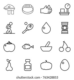 Thin line icon set : factory filter, smart bracelet, acid, warehouse scales, tourist, tennis, drop, pasta, tomato, fish, mortar, cherry, pear, pills bottle, pumpkin, egg