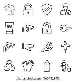 Thin line icon set : factory filter, unlock, protected, security man, uv cream, surveillance, unlocked, key, camera, cook glove, hand leaf, scarecrow, recycling, gloves, dry wash, garbage bin