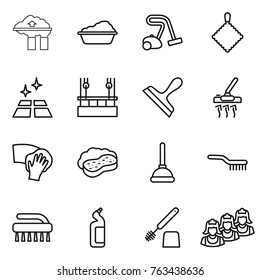 Thin line icon set : factory filter, washing, vacuum cleaner, rag, clean floor, skysrcapers cleaning, scraper, wiping, sponge with foam, plunger, brush, toilet cleanser, outsource