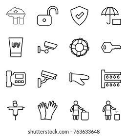 Thin line icon set : factory filter, unlock, protected, insurance, uv cream, surveillance, lifebuoy, key, intercome, camera, cook glove, watering, scarecrow, gloves, garbage bin