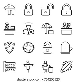 Thin line icon set : factory filter, lock, unlock, customs control, security man, insurance, inspector, shield, lifebuoy, unlocked, cook glove, watering, scarecrow, garbage bin, bug