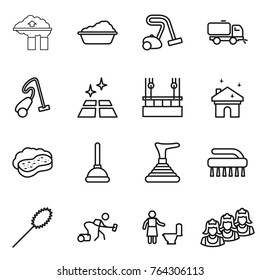 Thin line icon set : factory filter, washing, vacuum cleaner, sweeper, clean floor, skysrcapers cleaning, house, sponge with foam, plunger, brush, duster, toilet, outsource