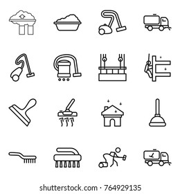 Thin line icon set : factory filter, washing, vacuum cleaner, sweeper, skysrcapers cleaning, skyscrapers, scraper, house, plunger, brush, home call