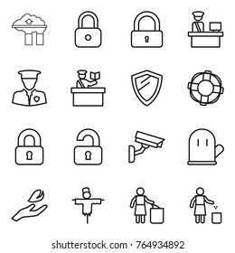 Thin line icon set : factory filter, lock, customs control, security man, inspector, shield, lifebuoy, locked, unlocked, surveillance camera, cook glove, hand leaf, scarecrow, garbage bin