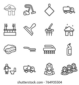 Thin line icon set : factory filter, vacuum cleaner, rag, sweeper, skysrcapers cleaning, scraper, house, sponge with foam, brush, toilet cleanser, home call, outsource