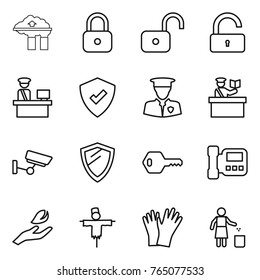 Thin line icon set : factory filter, lock, unlock, customs control, protected, security man, inspector, surveillance, shield, key, intercome, hand leaf, scarecrow, gloves, garbage bin