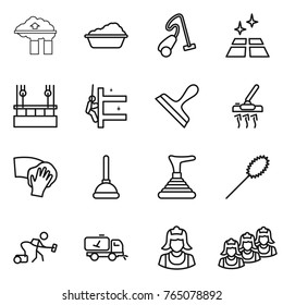 Thin line icon set : factory filter, washing, vacuum cleaner, clean floor, skysrcapers cleaning, skyscrapers, scraper, wiping, plunger, duster, home call, outsource