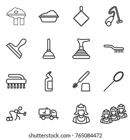 Thin line icon set : factory filter, washing, rag, vacuum cleaner, scraper, plunger, brush, toilet cleanser, duster, home call cleaning, outsource