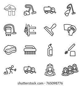 Thin line icon set : factory filter, vacuum cleaner, sweeper, skyscrapers cleaning, scraper, wiping, sponge with foam, brush, toilet cleanser, home call, outsource