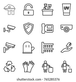 Thin line icon set : factory filter, unlock, inspector, uv cream, surveillance, shield, intercome, camera, cook glove, watering, hand leaf, recycling, gloves, garbage bin