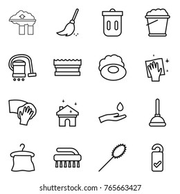 Thin line icon set : factory filter, broom, trash bin, foam bucket, vacuum cleaner, sponge, soap, wiping, house cleaning, hand and drop, plunger, hanger, brush, duster, please clean