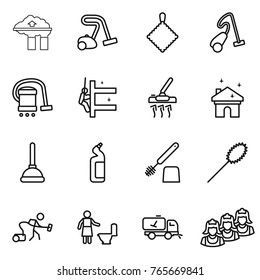 Thin line icon set : factory filter, vacuum cleaner, rag, skyscrapers cleaning, house, plunger, toilet cleanser, brush, duster, home call, outsource