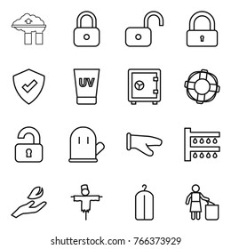 Thin line icon set : factory filter, lock, unlock, protected, uv cream, safe, lifebuoy, unlocked, cook glove, watering, hand leaf, scarecrow, dry wash, garbage bin
