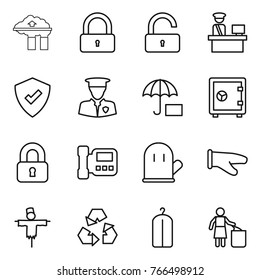 Thin line icon set : factory filter, lock, unlock, customs control, protected, security man, insurance, safe, locked, intercome, cook glove, scarecrow, recycling, dry wash, garbage bin