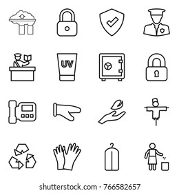 Thin line icon set : factory filter, lock, protected, security man, inspector, uv cream, safe, locked, intercome, cook glove, hand leaf, scarecrow, recycling, gloves, dry wash, garbage bin