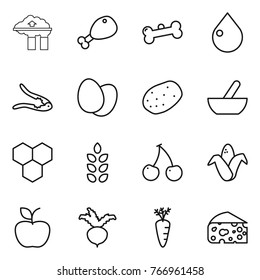 Thin line icon set : factory filter, chicken leg, bone, drop, walnut crack, eggs, potato, mortar, honeycombs, spikelets, cherry, corn, apple, beet, carrot, cheese