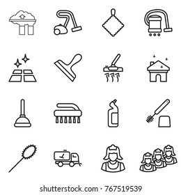 Thin line icon set : factory filter, vacuum cleaner, rag, clean floor, scraper, house cleaning, plunger, brush, toilet cleanser, duster, home call, outsource