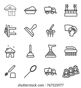 Thin line icon set : factory filter, washing, sweeper, skysrcapers cleaning, skyscrapers, scraper, vacuum cleaner, wiping, house, plunger, brush, toilet, duster, home call, outsource
