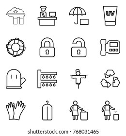 Thin line icon set : factory filter, customs control, insurance, uv cream, lifebuoy, locked, unlocked, intercome, cook glove, watering, scarecrow, recycling, gloves, dry wash, garbage bin
