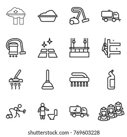 Thin line icon set : factory filter, washing, vacuum cleaner, sweeper, clean floor, skysrcapers cleaning, skyscrapers, plunger, brush, toilet cleanser, home call, outsource