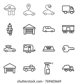 Thin line icon set : factory filter, car pointer, electric, delivery, spark plug, garage, shipping, railroad, baggage, trailer, taxi, key, pickup, sprayer, trash truck