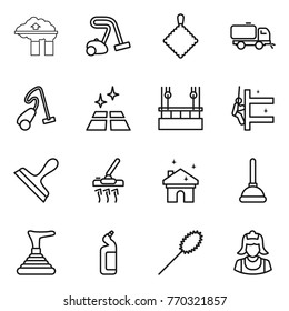 Thin line icon set : factory filter, vacuum cleaner, rag, sweeper, clean floor, skysrcapers cleaning, skyscrapers, scraper, house, plunger, toilet cleanser, duster