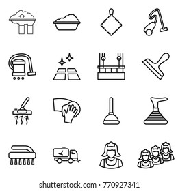 Thin line icon set : factory filter, washing, rag, vacuum cleaner, clean floor, skysrcapers cleaning, scraper, wiping, plunger, brush, home call, outsource