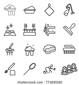 Thin line icon set : factory filter, washing, rag, vacuum cleaner, clean floor, skysrcapers cleaning, skyscrapers, scraper, house, sponge with foam, brush, toilet, duster, outsource