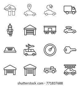 Thin line icon set : factory filter, car pointer, electric, delivery, spark plug, garage, railroad shipping, baggage, taxi, transfer, barometer, key, pickup, wash