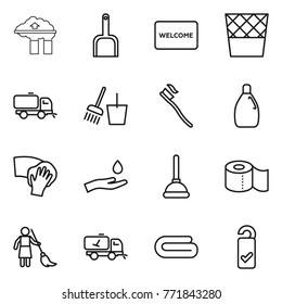 Thin line icon set : factory filter, scoop, welcome mat, trash bin, sweeper, bucket and broom, tooth brush, cleanser, wiping, hand drop, plunger, toilet paper, brooming, home call cleaning, towel