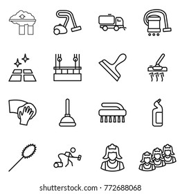 Thin line icon set : factory filter, vacuum cleaner, sweeper, clean floor, skysrcapers cleaning, scraper, wiping, plunger, brush, toilet cleanser, duster, outsource