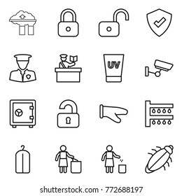 Thin line icon set : factory filter, lock, unlock, protected, security man, inspector, uv cream, surveillance, safe, unlocked, cook glove, watering, dry wash, garbage bin, bug