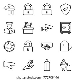 Thin line icon set : factory filter, lock, unlock, protected, security man, inspector, surveillance, safe, lifebuoy, unlocked, camera, cook glove, hand leaf, dry wash, garbage bin