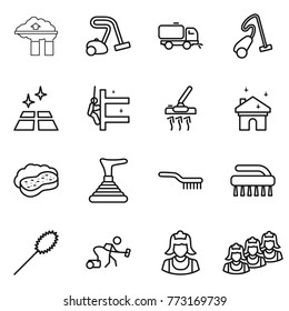 Thin line icon set : factory filter, vacuum cleaner, sweeper, clean floor, skyscrapers cleaning, house, sponge with foam, plunger, brush, duster, outsource