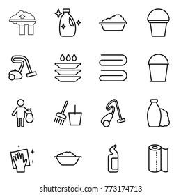 Thin line icon set : factory filter, cleanser, washing, bucket, vacuum cleaner, plate, towel, trash, and broom, shampoo, wiping, foam basin, toilet, paper