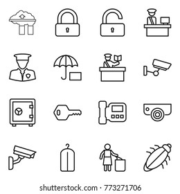 Thin line icon set : factory filter, lock, unlock, customs control, security man, insurance, inspector, surveillance, safe, key, intercome, camera, dry wash, garbage bin, bug