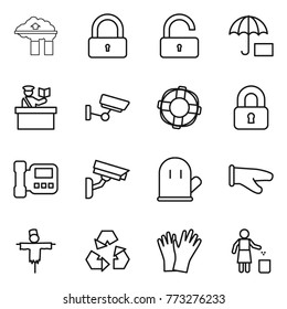 Thin line icon set : factory filter, lock, unlock, insurance, inspector, surveillance, lifebuoy, locked, intercome, camera, cook glove, scarecrow, recycling, gloves, garbage bin