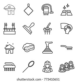 Thin line icon set : factory filter, rag, vacuum cleaner, clean floor, skysrcapers cleaning, scraper, wiping, house, sponge with foam, plunger, brush, duster, outsource