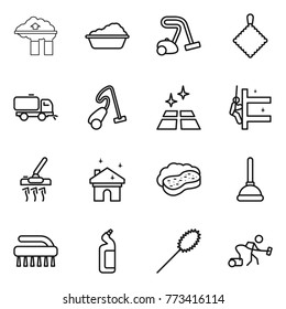 Thin line icon set : factory filter, washing, vacuum cleaner, rag, sweeper, clean floor, skyscrapers cleaning, house, sponge with foam, plunger, brush, toilet cleanser, duster