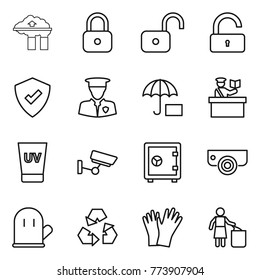 Thin line icon set : factory filter, lock, unlock, protected, security man, insurance, inspector, uv cream, surveillance, safe, camera, cook glove, recycling, gloves, garbage bin