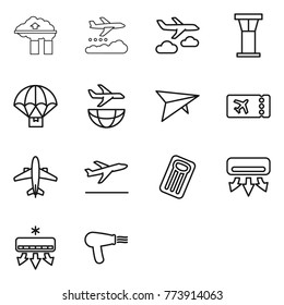 Thin line icon set : factory filter, weather management, journey, airport tower, parachute delivery, plane shipping, deltaplane, ticket, airplane, departure, inflatable mattress, air conditioning