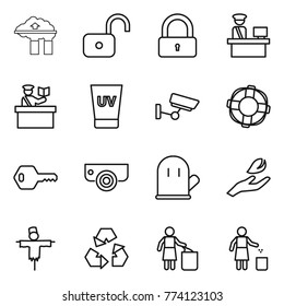 Thin line icon set : factory filter, unlock, lock, customs control, inspector, uv cream, surveillance, lifebuoy, key, camera, cook glove, hand leaf, scarecrow, recycling, garbage bin